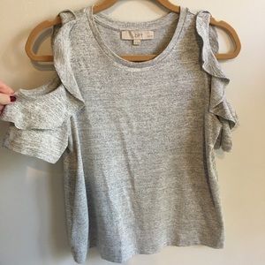 Ann Taylor Loft SP Grey Cold Shoulder Ruffle Top